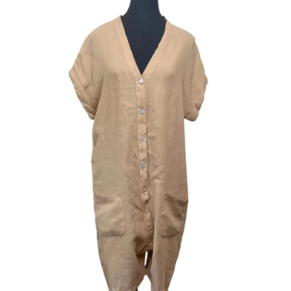 Made  In Italy Womens Medium Linen Vneck Button Tan Romper - Picture 2 of 13